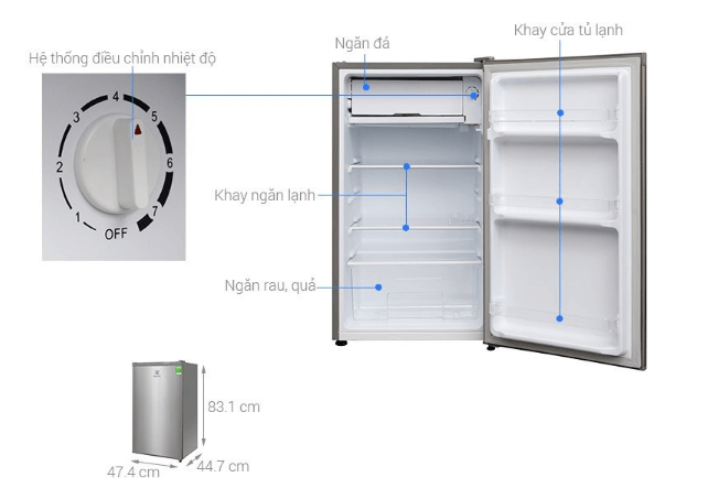 Thông số về cấu tạo và kích thước tủ lạnh mini Electrolux 85 lít.