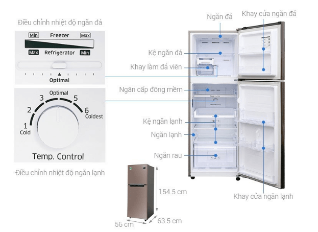 Tủ lạnh 2 cánh Samsung có kích thước tủ lạnh tiêu chuẩn.