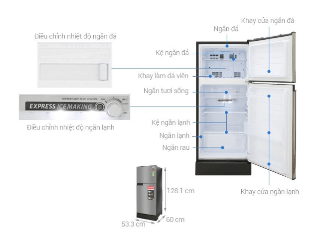 Hình ảnh kích thước tủ lạnh Sharp 150 lít.