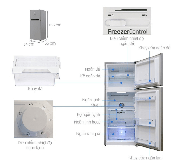 Hình ảnh chi tiết về kích thước tủ lạnh Beko 188 lít.