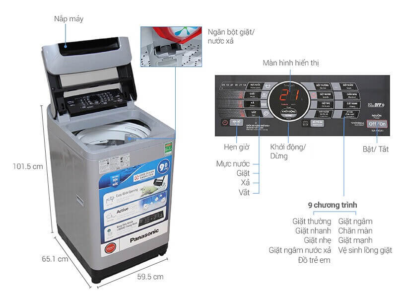 Máy giặt Panasonic lồng đứng với nhiều chương trình giặt khác nhau.
