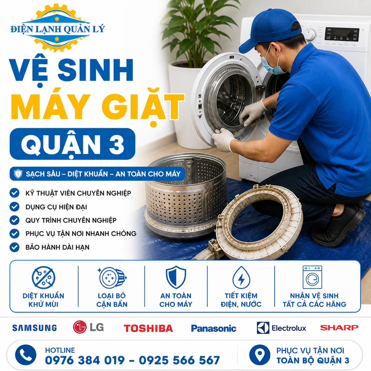 Điện Lạnh Quản Lý cung cấp dịch vụ vệ sinh máy giặt Quận 3 chuyên nghiệp