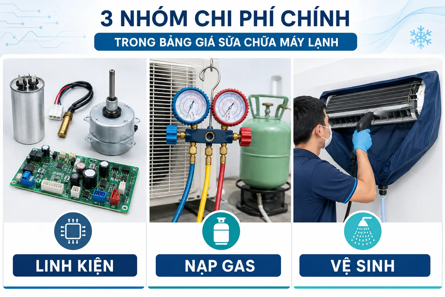 Các nhóm chi phí sửa máy lạnh gồm linh kiện nạp gas vệ sinh
